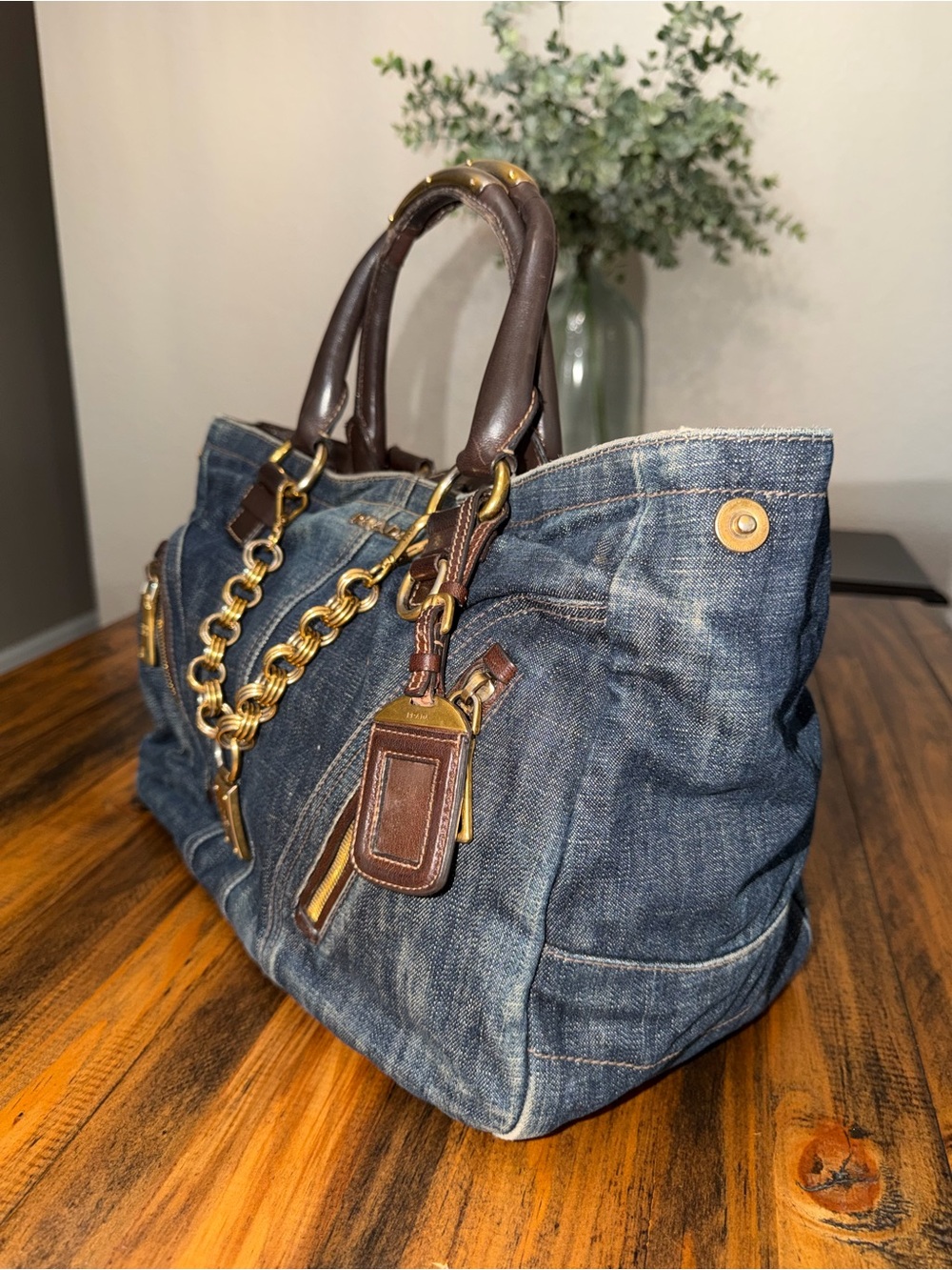 PRADA Denim & Vitello Leather Satchel - Picture 4 of 15